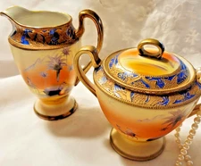 Antique  Bone china Cream + Sugar, Japan, hand painted Cobalt blue + heavy gold