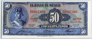1967 Mexico 50 Pesos Banknote Ignacio De Allende P 49q ABNC AU