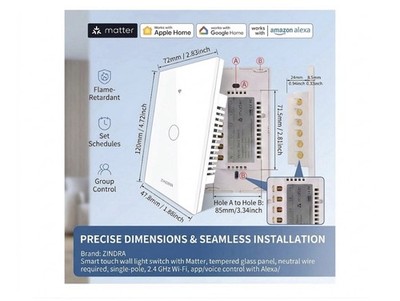 ZINDRA Smart Touch Wall Switch WiFi Alexa Google Matter 2.4GHz