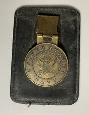 Vintage 1970s Brass United States Navy Challenge Coin & Leather Money Clip VG!