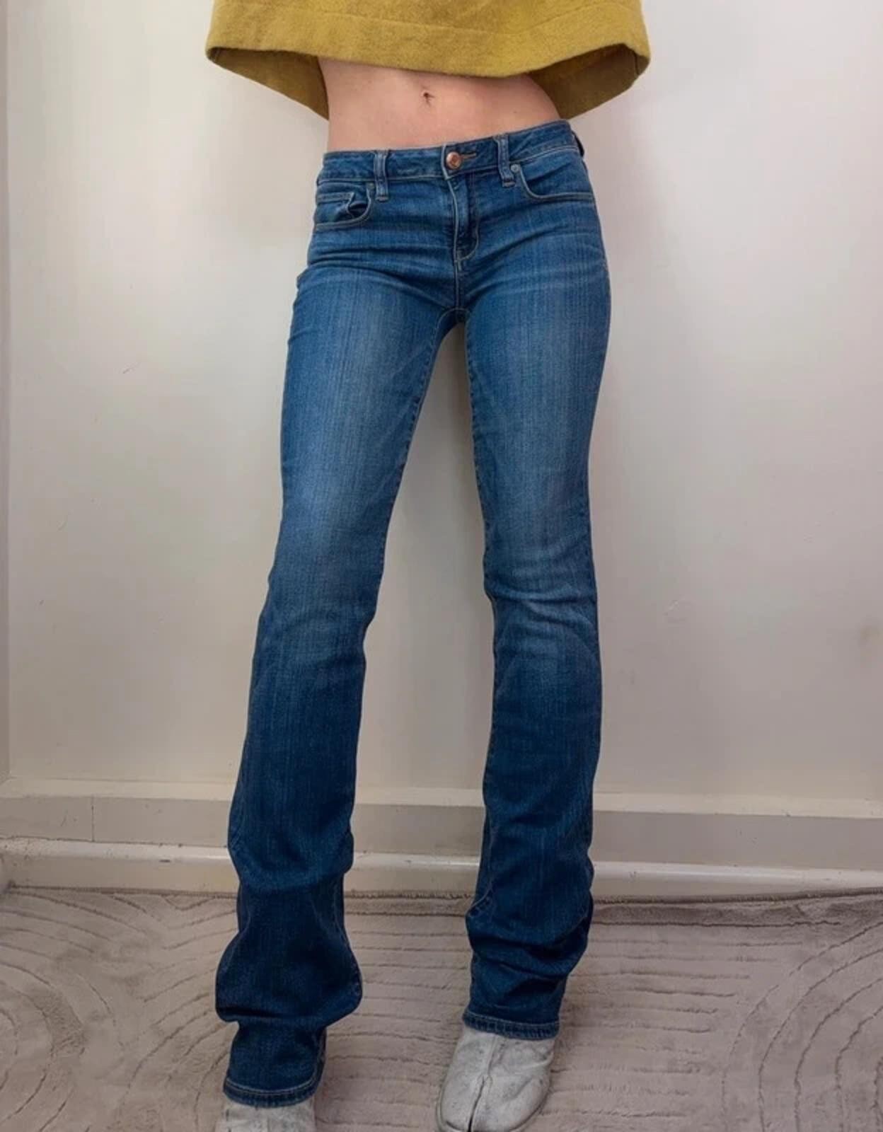 AmericanEagle Mujer Tiro Bajo Bootcut Acampanado Jeans Azul W28 UK8 Alto Indie Sleaze