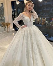 Luxury A-Line Wedding Dresses Sequins Appliques O-Neck Long Sleeves Bridal Gowns