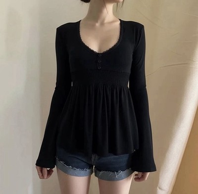 Y2K Bell Sleeve Babydoll Women s  Lace Trim Peplum Long Sleeve Top