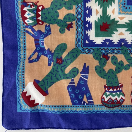 Bandana vintage Southwest blu cotone 21" Howling Coyote Moon Cactus Teepee USA - Foto 4 di 6