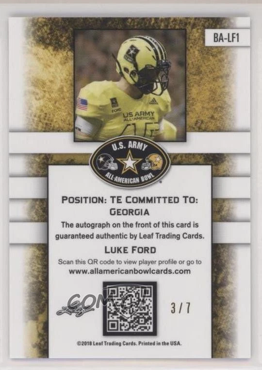2018 Leaf Metal US Army All-American Bowl Flag Purple /7 Luke Ford #BA-LF1 Auto - Image 2 of 2
