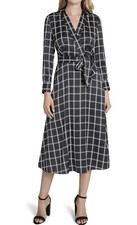 Tahari Arthur Levine Long Sleeve Surplus Windowpane Tie Waist Dress, Black, 4