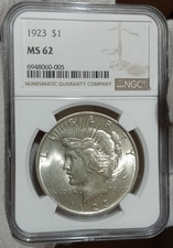 UNC 1923 USA silver Peace dollar - NGC MS62