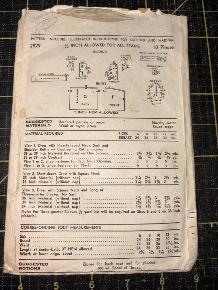 Vintage Seeing ADVANCE PATTERN 2929 Girls Dress Size 6 Sweetheart Or Square Neck - Image 2 of 3
