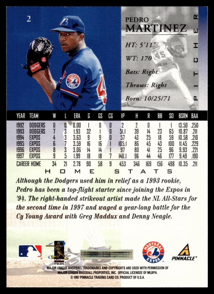1998 Pinnacle - Pedro Martinez #2 Expos - Image 2 of 2