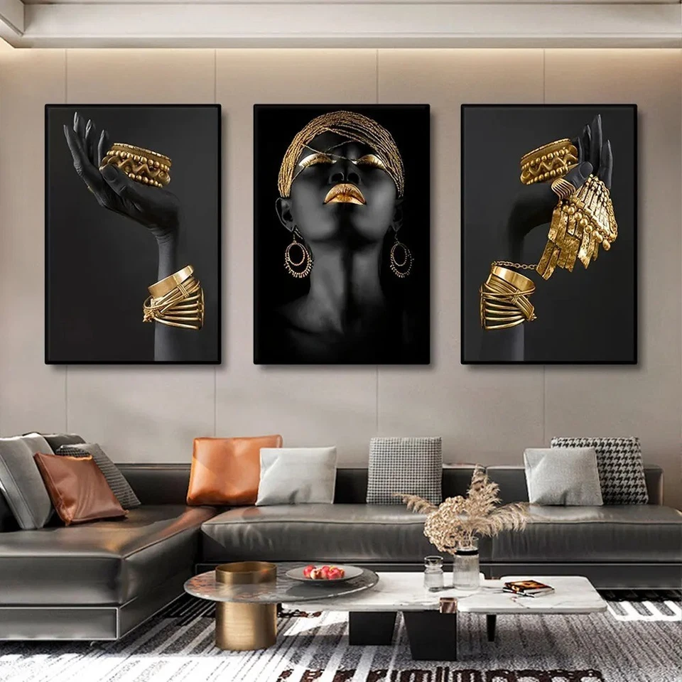 Mujeres negras africanas con póster dorado colgante de pared lienzo póster arte 40x60 cm 3 piezas Foto 2 de 4
