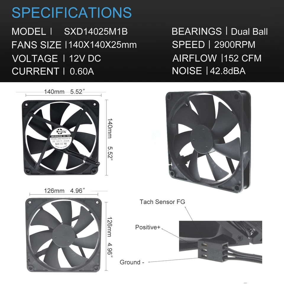 140mm 14cm Computer Case Cooling Fan PC Waterproof Dustproof,2900RPM 140X140X25m - Image 3 of 4
