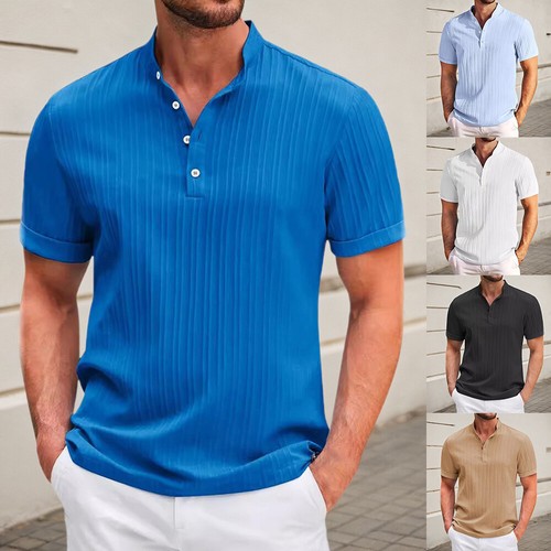 Men Turn-down Collar Short Sleeve T Shirt Ladies Button V Neck Casual Top Blouse