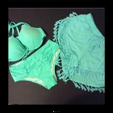 NWT Victoria's Secret 32DD BIKINI+SHORTS S high-waist MINT green blue TEAL