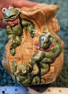 3 Frogs on Brown Tree Trunk(?) Ceramic Vase 6 3/4'' high