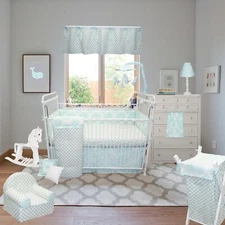 Aqua Blue Sweet & Simple Boy Girl Floral Crib Bedding Set Hamper Valance Sheet