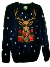 NWT Mens Christmas PARTY Sweater Deer wearing Shades w/ 2 Beers Size Medium