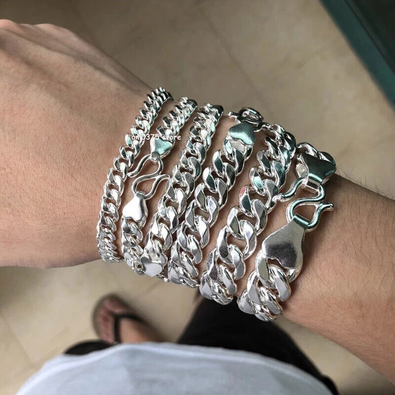 Real 999 Pure Silver Bracelet Women Men Solid 8mm/10mm Cuban Curb Link Chain - Image 4 of 4