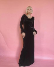 90s Scott McClintock Black Velvet Gown w/ Feather Trim