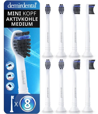 8er demirdental Medium Mini Aufsteckbürsten mit Aktivkohle für Philips Sonicare