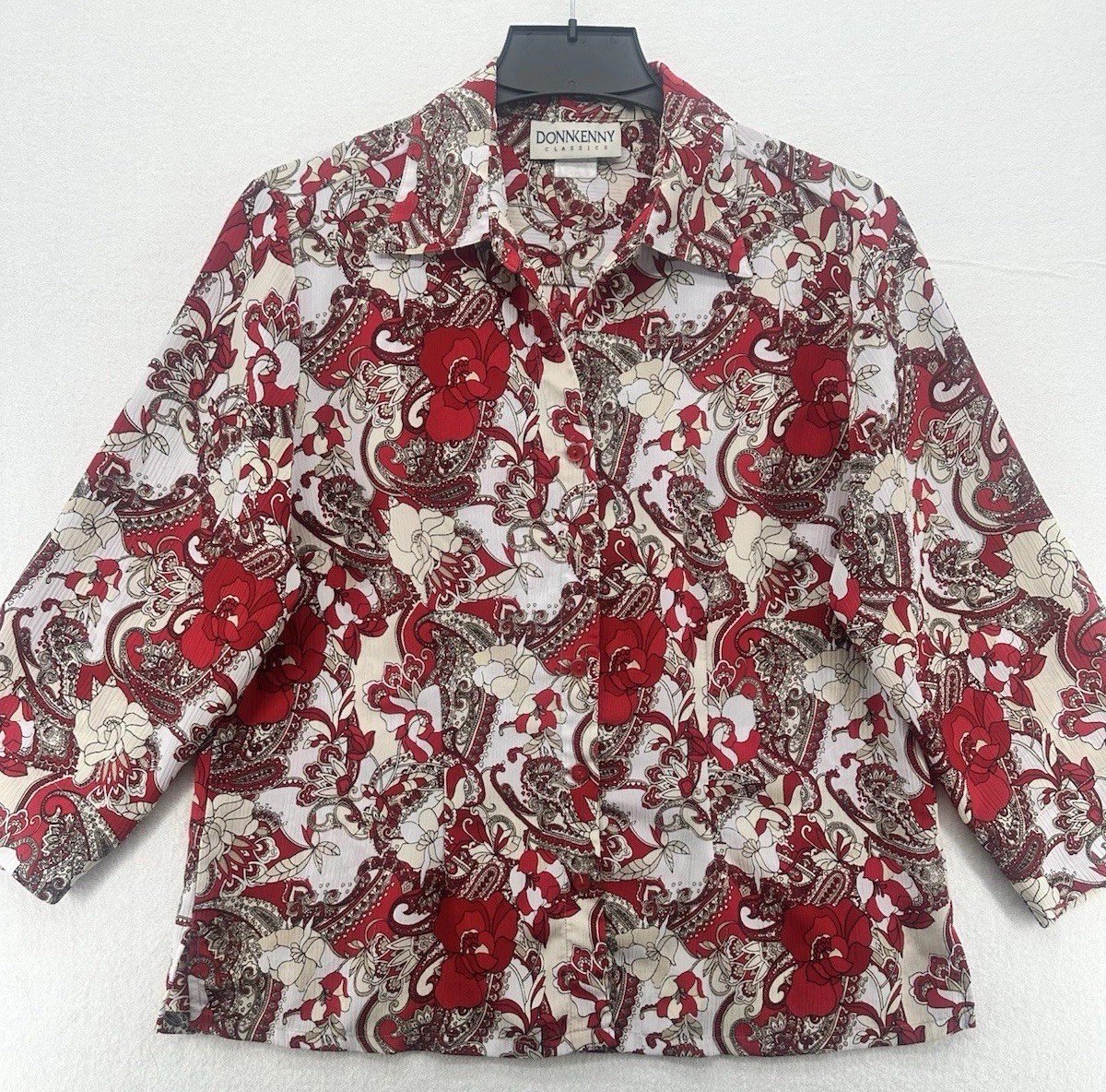 Donnkenny Women’s XL Burgundy Floral Button Up Blouse Lightweight Long Sleeve