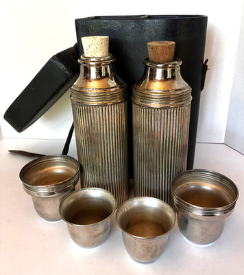 Set Antique Ribbed Thermos 1917 Landers Frary & Clark Universal w/ Case & Cups