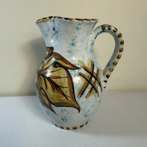 Vintage Giulionelli Hand-Painted Italian Ceramic Pitcher With Leaf Motif Signed