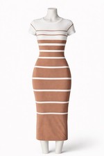 White Brown Striped Bodycon Short Sleeve Midi Dress Crew Neck Women