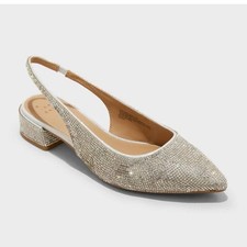 Women's Elle Rhinestone Slingback Pointed Toe Block Heels - A New Day Silver 6.5