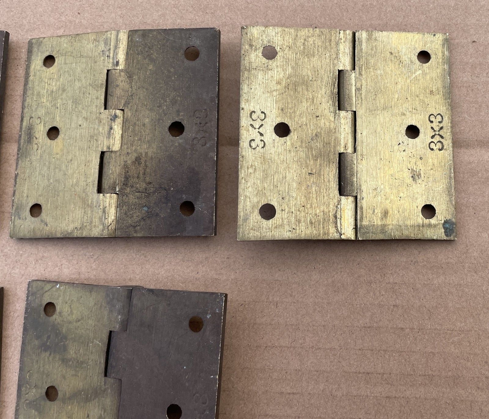 Lot of (5) Vintage Solid Brass 3x3 DOOR HINGES Unused with Storage Patina NOS
