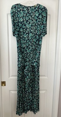 VTG Carole Little Dress Womens 8 Green Teal Maxi Boho Drop Waist Floral Tie
