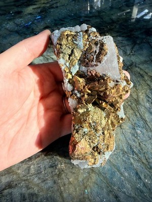 Iridescent Pyrite and ChalcoPyrite on Blue Calcite From Daye Mine, Hubei, China