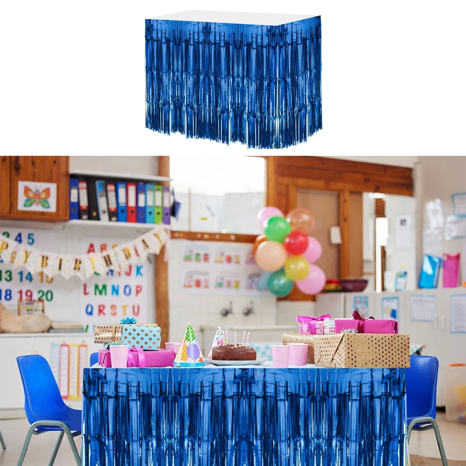 Faldas de mesa de oropel con flecos de lámina metálica azul de 29x108 pulgadas 3 piezas Foto 4 de 4