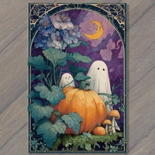 Art Print Adorable Ghosts Pumpkins Mushrooms Spooky Garden Art Halloween