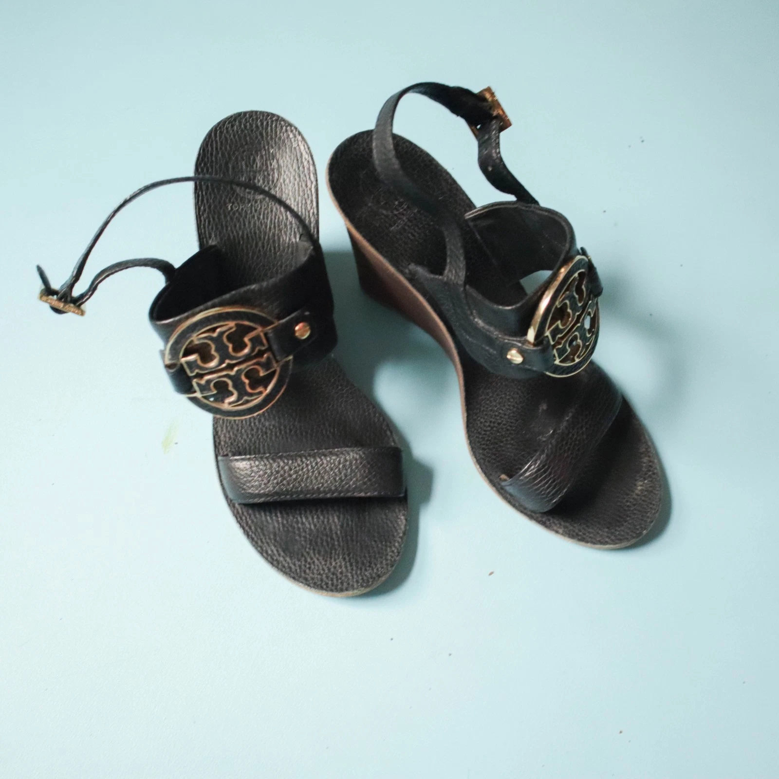 Tory Burch Black Leather Wedge Slingback Sandals Womens 11