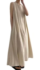 CHARTOU Women Casual Cotton Linen Sleeveless Maxi Dress Ruffle Shift Dress Flowy