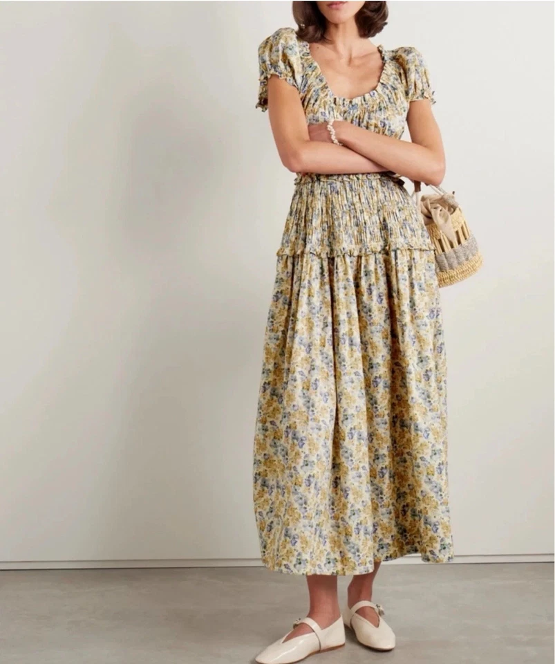 Vestido midi Doen para mujer estampado floral algodón-voile fruncido elegante vestido Leanne Foto 2 de 4