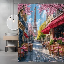 Paris Street Café Shower Curtain with Eiffel Tower Spring Blossom Scenic
