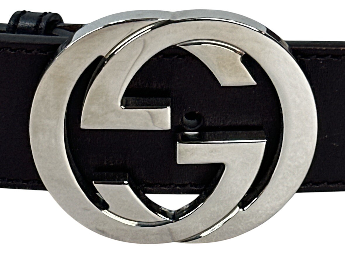 Gucci Silver Interlocking Metal GG Buckle Brown Leather Belt Men's