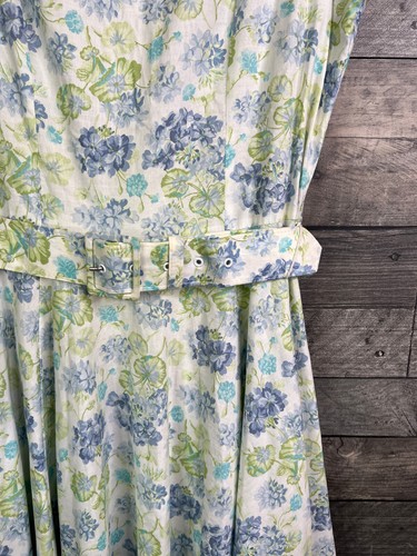 Vestido Midi Vintage Laura Ashley Talla UK 10 Azul Verde Floral Cinturón Algodón Té - Imagen 7 de 10