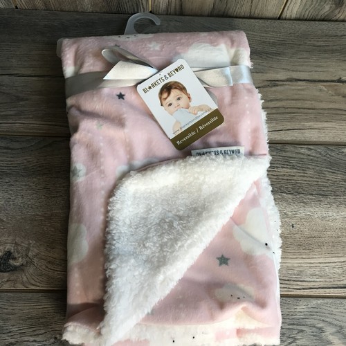 Blankets & Beyond Pink White Clouds Baby Blanket Plush Gray Stars Security Lovey - Picture 1 of 9