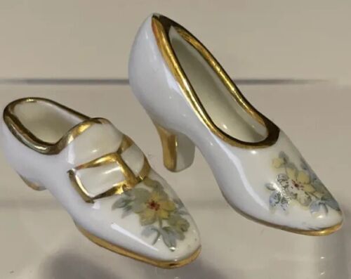 Vintage MINI Limoges High Heeled Shoe & Loafer Shoe W/Flowers & Gold Trim FRANCE - Foto 1 di 9