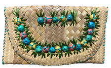 Vintage Woven Rattan Clutch Purse Colored Shells Raffia Lined Tiki Boho