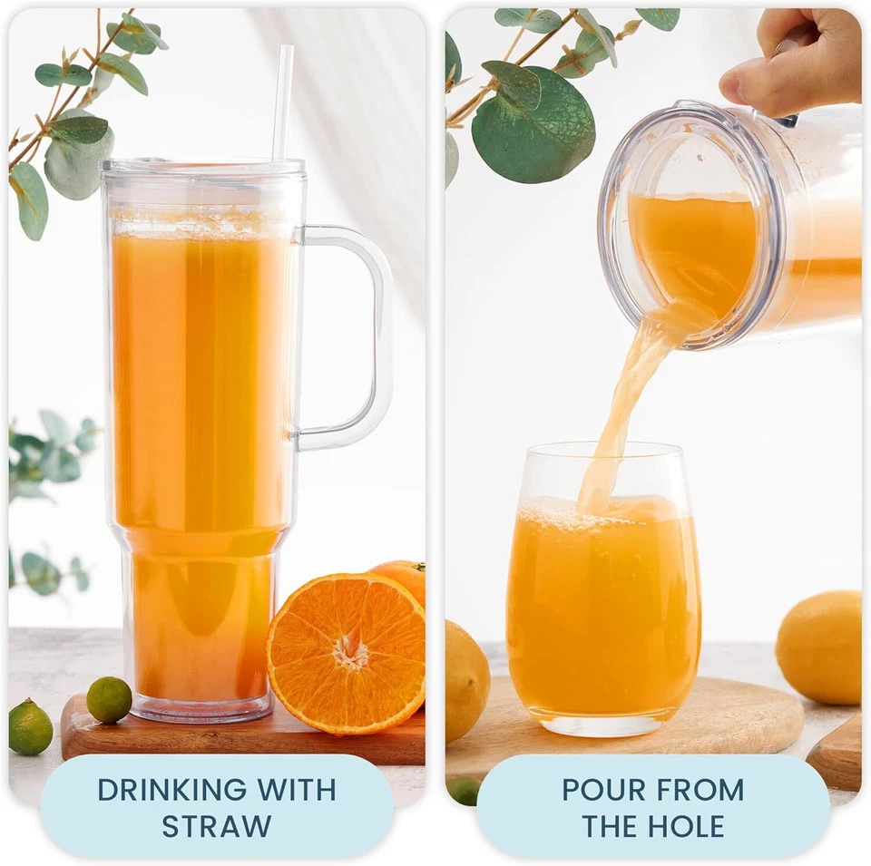 Vaso de plástico de 40 oz con mango y tapa de pajita, vaso transparente, aspiradora de doble pared Foto 4 de 4