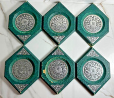 Vintage Hexagonal Wooden Coaster Set with Silver Floral Engravings 6 Piece Handm