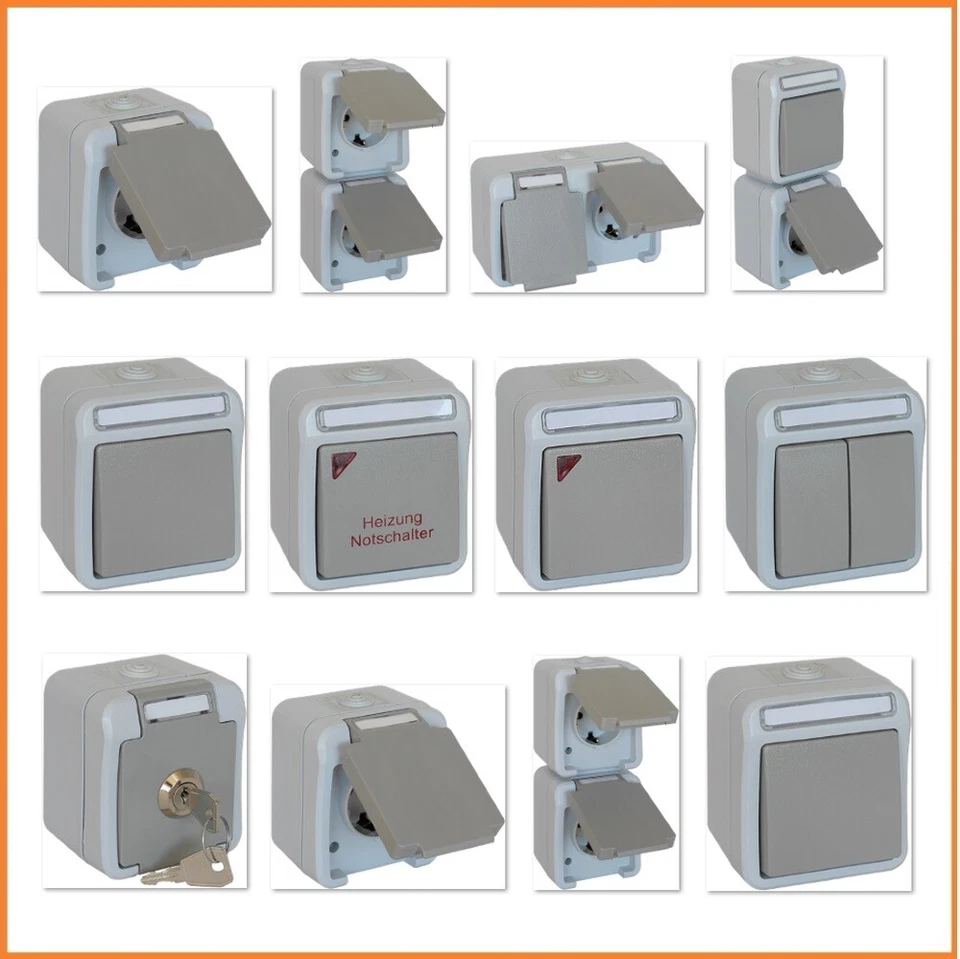 Aufputz AP Schalterprogramm IP54 Feuchtraum PERA PERANOVA Steckdose Schalter etc