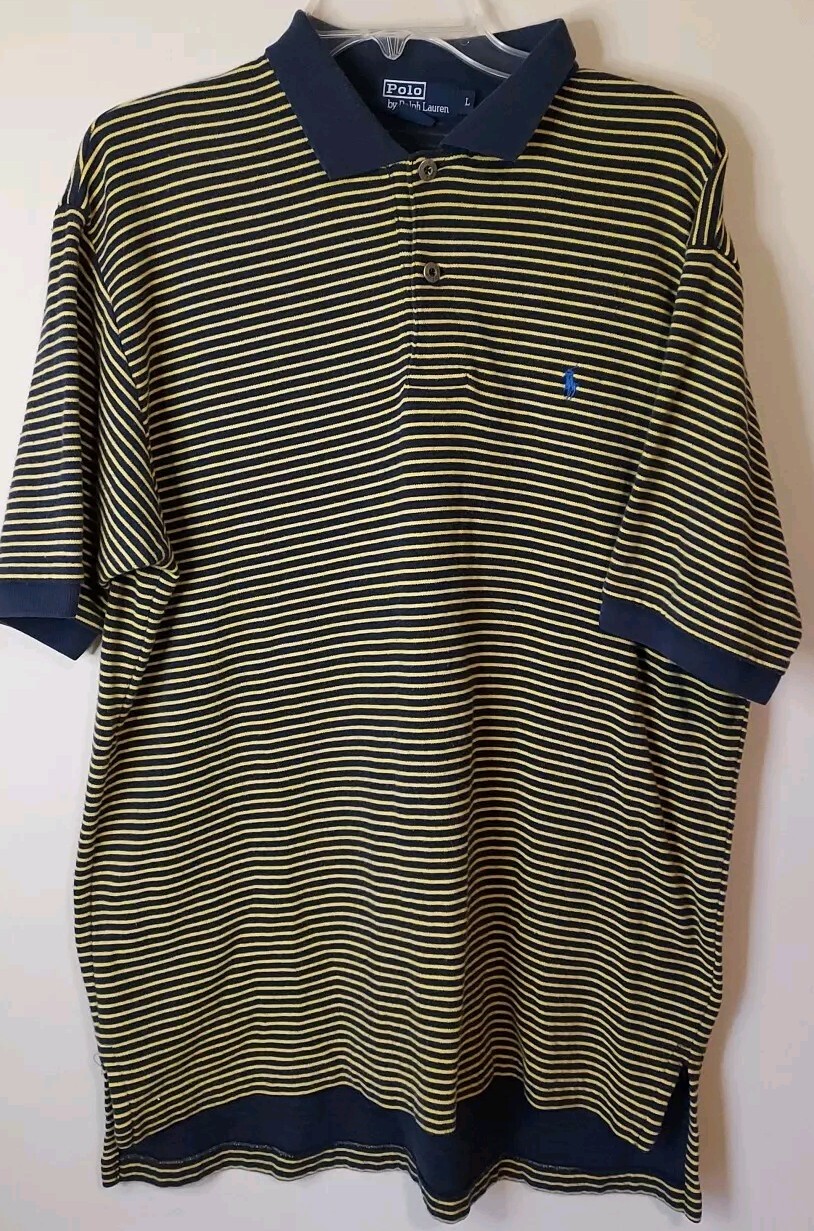 Polo Ralph Lauren camicia uomo L blu righe gialle manica corta blu pony