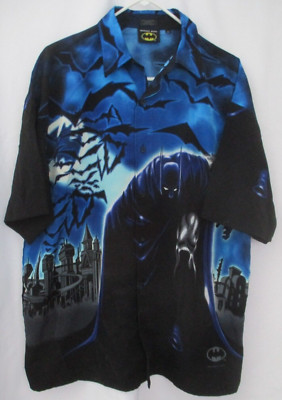 VINTAGE BATMAN WARNER BROS DC COMICS FULL GRAPHICS BUTTON UP SHIRT SIZE L - NWOT