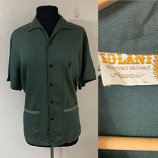 Vintage 60s Iolani Hawaiian Rayon Gaberdine Button Front Shirt Green Large