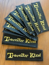 Lot of 10 Travelin  Kind Sew-On Embroidery Patches Black  Gold 1 " x 4  " Hats V