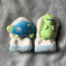 Fleece Baby Terry Socks Booties Rattle Animal Print White Blue Green Vintage